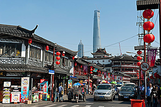 购物街,红灯笼,房子,老,风格,老城,集市,金茂大厦,上海,塔楼,后面,中国,亚洲