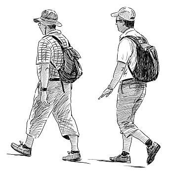 素描,走,旅游,手,绘画,远足