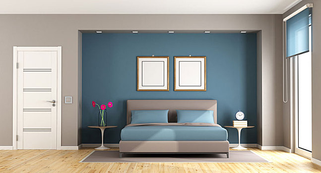 蓝色,褐色,现代,卧室