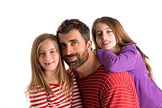 幸福之家,胡须,父亲,两个,儿童,女儿,蓝眼睛,白色背景,背景