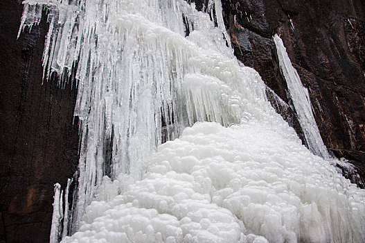 冬季户外冰瀑上的冰柱局部特写