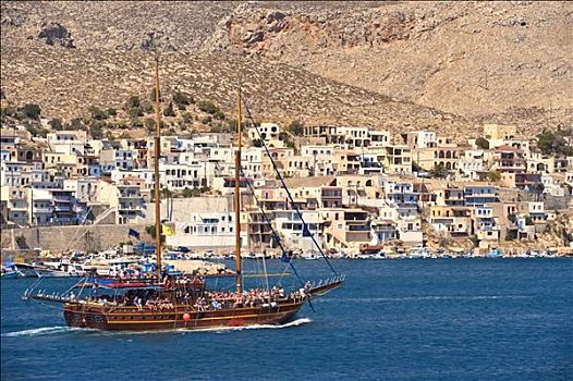帆船,游客,正面,海岸,希腊