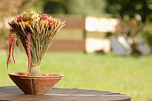 花束,穗,小麦,粘土,器具,花园桌