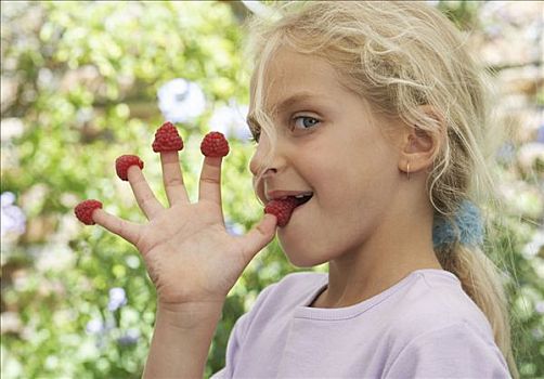 女孩,穿,树莓,手指