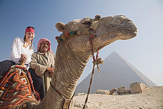 女青年,游客,骆驼,引导,吉萨金字塔,开罗,埃及