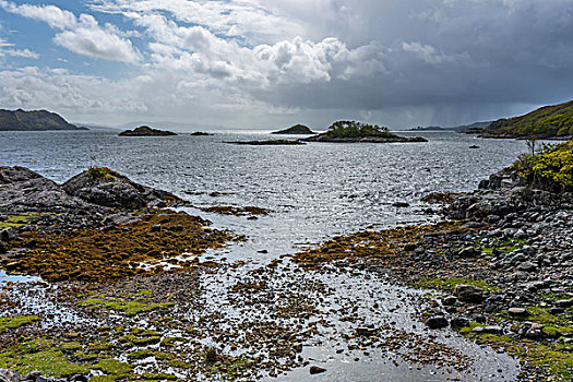 岩石,海岸线,苏格兰,海岸,积雨云,远景,英国