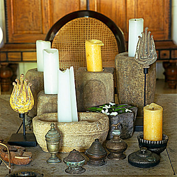蜡烛,老式,石头,容器,一起,中心,餐桌
