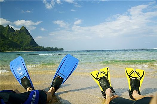 夏威夷,考艾岛,伴侣,穿,黄色,蓝色,鳍状物,海滩