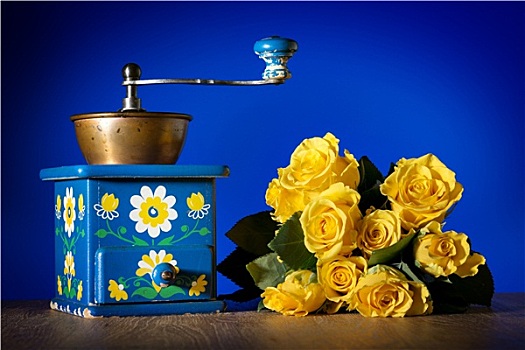 蓝色,咖啡研磨机,玫瑰