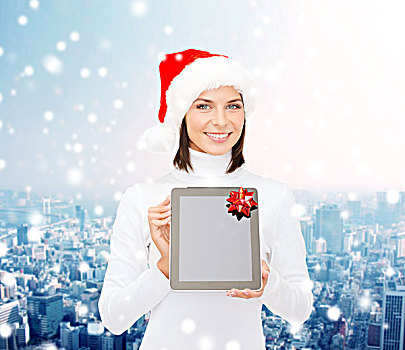 圣诞节,科技,礼物,人,概念,微笑,女人,圣诞老人,帽子,留白,显示屏,平板电脑,电脑,上方,雪,城市,背景