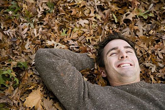 俯拍,男青年,躺着,叶子,微笑