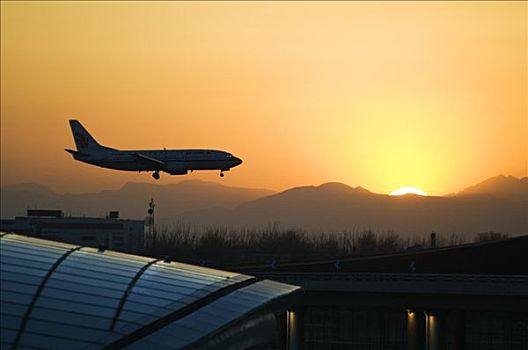 中国,北京,首府,机场,飞机,降落,日落,新,航站楼,建筑,二月,2008年,世界