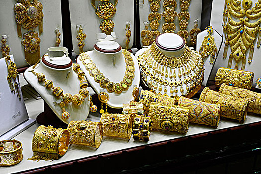 阿联酋,迪拜,黄金市场,特写,珠宝,橱窗