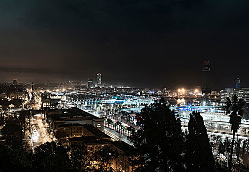 夜晚,城市,巴塞罗那,西班牙