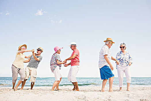 高兴,老年,夫妻,跳舞,海滩