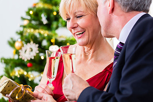 老年,夫妻,庆贺,圣诞节,香槟