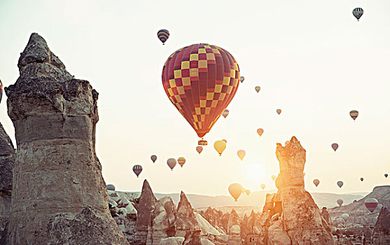 热气球,高处,怪岩柱,岩石构造,卡帕多西亚,安纳托利亚,土耳其