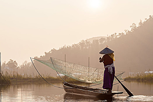 渔民,传统,渔船,网,湖