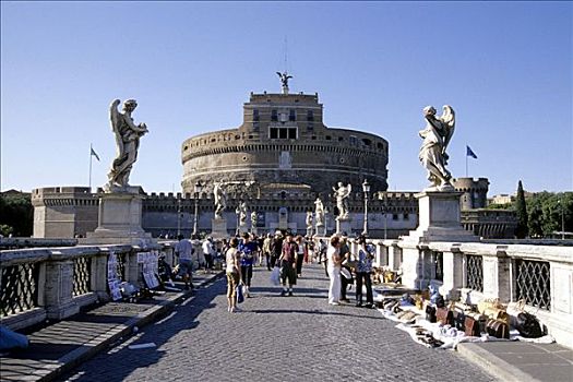 游客,桥,穿过,台伯河,装饰,雕塑,天使,背影,城堡,罗马,意大利,欧洲