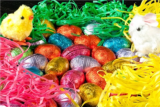 彩色,复活节彩蛋,草,绒毛状,幼禽,兔子,玩具