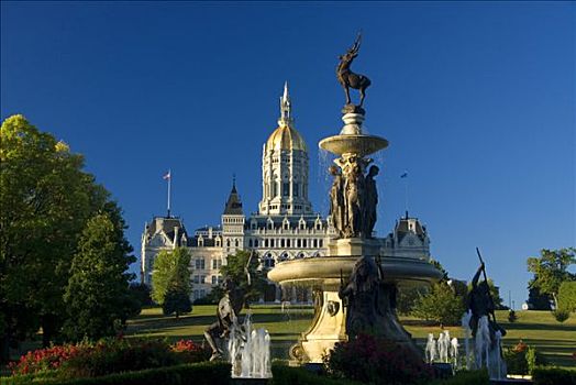 喷泉,正面,政府建筑,国会山,公园,哈特福德,康涅狄格,美国