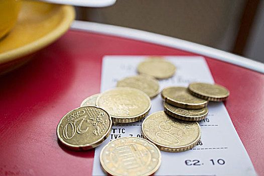 欧元硬币,餐馆,钞票,桌上,巴黎,咖啡