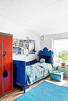 老式,床,蓝色,地毯,童房