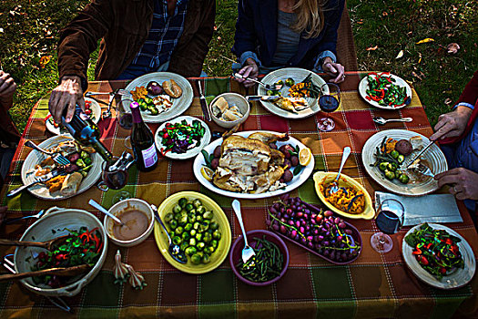 局部,两个,夫妻,吃,烤,餐饭,花园派对
