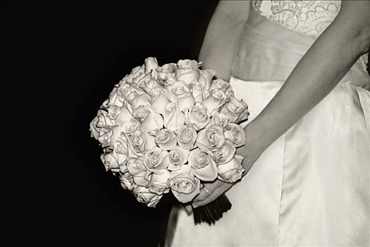 腰部,新娘,拿着,花束,白色蔷薇