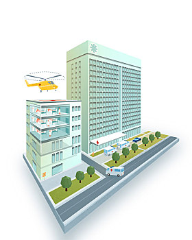 医院,直升机停机坪,房顶,现代,设计,模型,隔绝,白色背景,背景