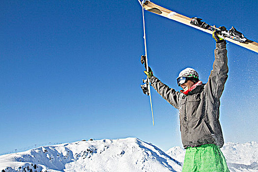 男青年,拿着,滑雪,高处,头部