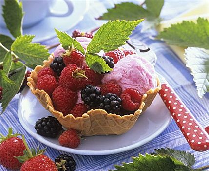 树莓,黑莓,冰淇淋,华夫饼,碗
