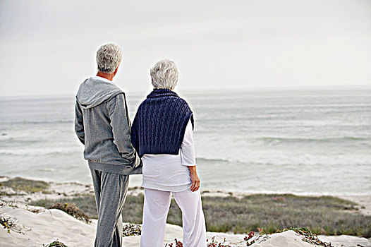 后视图,老年,夫妻,看,海洋