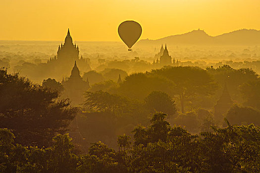 缅甸,蒲甘,热气球,上升,上方,庙宇