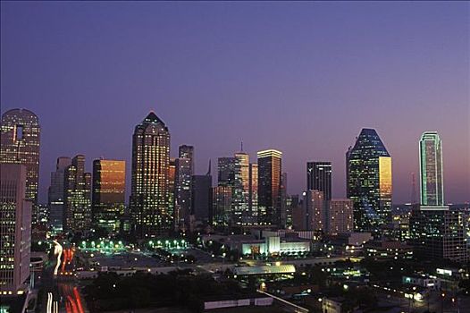摩天大楼,城市,光亮,黄昏,德克萨斯,美国