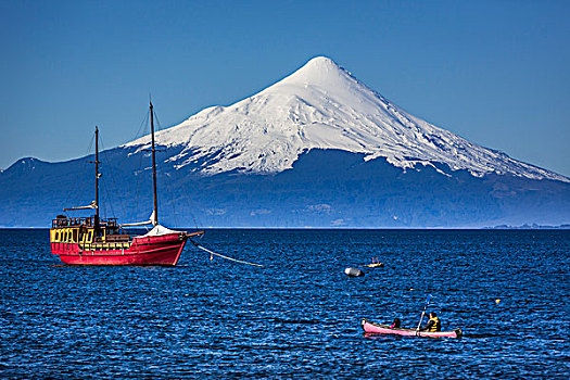 风景,船,湖,火山,背景,巴塔哥尼亚,智利