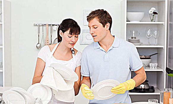 爱人,洗碗,一起,厨房