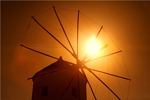 风车,日落,锡拉岛