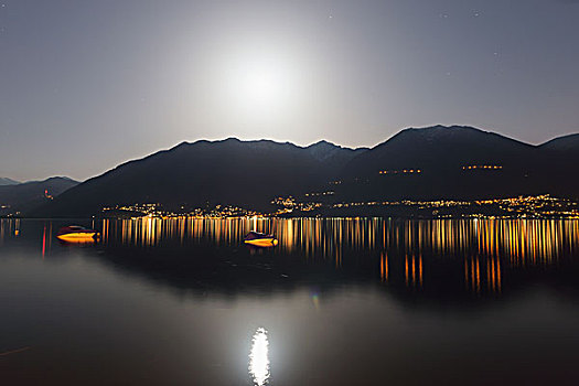 马焦雷湖,阿尔卑斯山,光亮,月光,夜晚,洛迦诺,瑞士,提契诺河