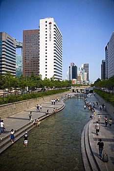 人,河流,城市,清溪川,首尔,韩国