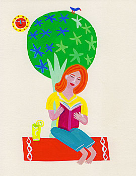 女人,放松,读,书本,树下,晴天