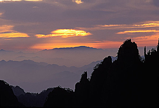 剪影,山,黄山,日落,安徽