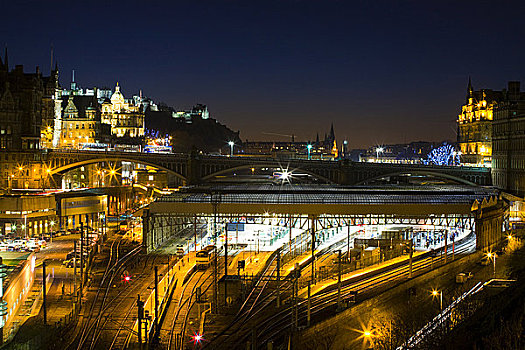 苏格兰,城市,爱丁堡,火车站,下方,北方,桥,联系,两个,城镇