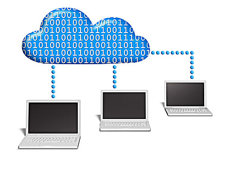 三个,笔记本电脑,联系,云,二进制码,概念,计算,网络,信息技术,基础设施,插画