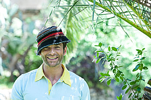 头像,高兴,中年,男人,戴着,帽子,花园