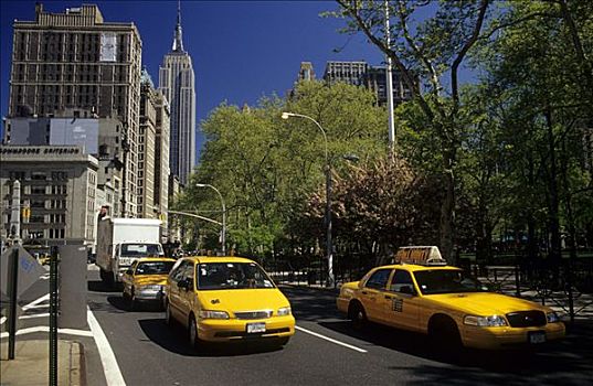 出租车,正面,帝国大厦,曼哈顿,纽约,美国