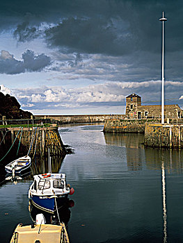 威尔士,安格尔西岛,港口,山,铜矿,码头,右边,40多岁,船,蔽护,后面,木梁,入口,看,房子