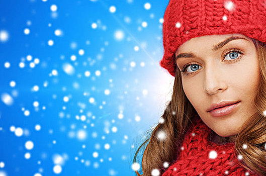 高兴,寒假,圣诞节,人,概念,特写,少妇,红色,帽子,围巾,上方,蓝色,雪,背景