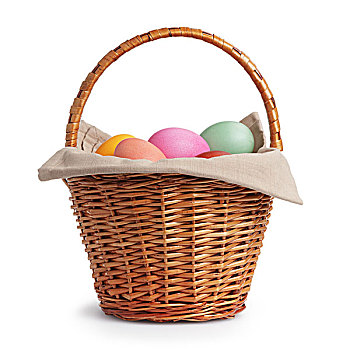 柳条篮,满,淡色调,彩色,复活节彩蛋,白色背景