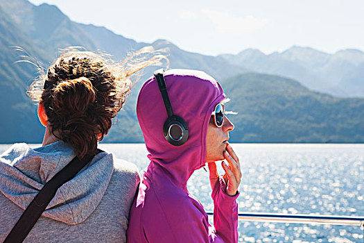 旅行者,享受,景色,游轮,渡轮,湖,怀疑,声音,新西兰